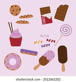 Sweet dessert cake and bakery vector illustration design collection set