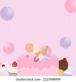 Sweet dessert with a cake, balloons, and drink. Paper art style and space for copy text.