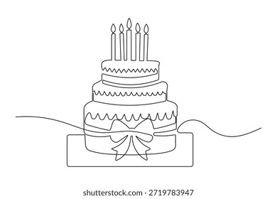 Pastel de postre dulce contorno continuo dibujo simple estilo elemento de fiesta