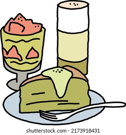 Sweet dessert cake with fruits for celebration birthday party or wedding, tasty breakfast. For cafe, restaurant menu print, postcard or poster. Vector illustration. Cartoon style line art drawing.