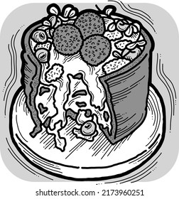Sweet dessert cake with fruits for celebration birthday party or wedding, tasty breakfast. For cafe, restaurant menu print, postcard or poster. Vector illustration. Cartoon style line art drawing.