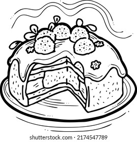 Sweet dessert cake with fruits for celebration birthday party or wedding, tasty breakfast. For cafe, restaurant menu print, postcard or poster. Hand drawn illustration. Cartoon style line art drawing.
