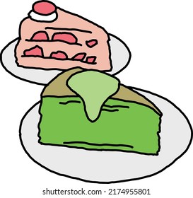 Sweet dessert cake with fruits for celebration birthday party or wedding, tasty breakfast. For cafe, restaurant menu print, postcard or poster. Vector illustration. Simple line art drawing.