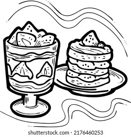 Sweet dessert cake with fruits for celebration birthday party or wedding, tasty breakfast. For cafe, restaurant menu print, postcard or poster. Hand drawn illustration. Cartoon style vector drawing.