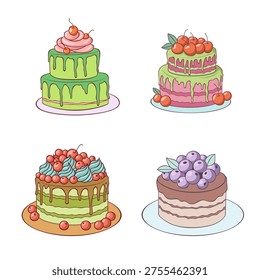 Sweet dessert cake set with cherries, berries and dripping icing in pastel colors, cute hand drawn style
