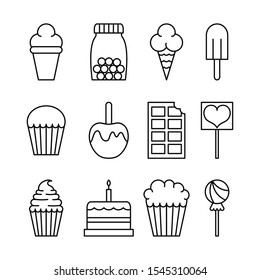 sweet dessert candy and pastry icons set line vector illustration