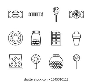 sweet dessert candy and pastry icons set line vector illustration