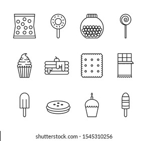 sweet dessert candy and pastry icons set line vector illustration