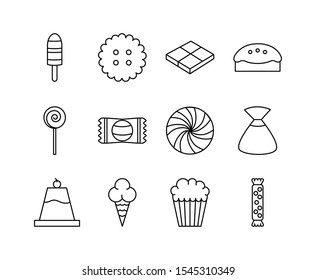 sweet dessert candy and pastry icons set line vector illustration