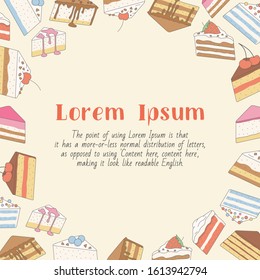 Sweet dessert card with text and vector color illustrations of cake, pastry, chocolate and cupcake, for graphic design
