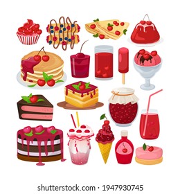 Sweet dessert cherry, collection cartoon elements vector illustration. Delicious homemade organic natural desserts. Traditional baked sweets