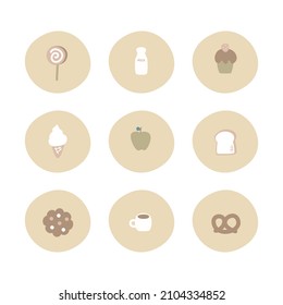 sweet dessert circle icon button set with lollipop, milk, pretzel, bread, coffee, cookies, icecream, apple, and muffin cake flat vector illustration design isolated