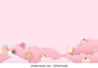 Sweet dessert and cloud on pink background, paper art concept, design for website banner and card.