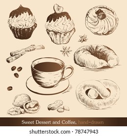 Sweet Dessert and Coffee, hand-drawn