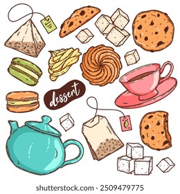 Sweet dessert confectionary collection with cookies, teabag, cup, sugar. Vector illustration