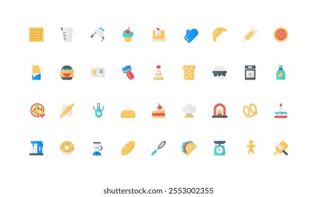 Sweet dessert of confectionery, bakery and pastry shop products color icon set. Baker and confectioner hat, wedding cake and cupcake, cookie, rolling pin and knife flat elements vector illustration