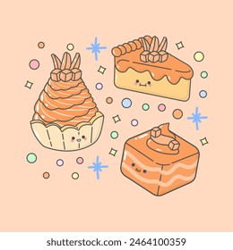 sweet dessert cream tart slice cake sponge cake mango with cute facial expressions and pastel colour