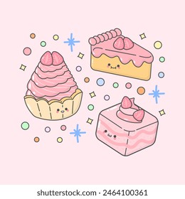 sweet dessert cream tart slice cake sponge cake strawberry with cute facial expressions and pastel colour