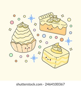 sweet dessert cream tart slice cake sponge cake lemon with cute facial expressions and pastel colour