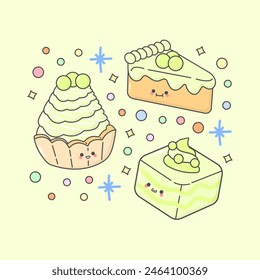 sweet dessert cream tart slice cake sponge cake melon with cute facial expressions and pastel colour