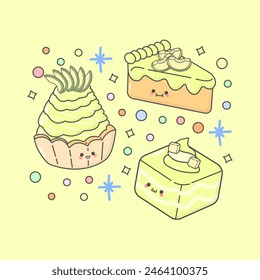 sweet dessert cream tart slice cake sponge cake avocado with cute facial expressions and pastel colour