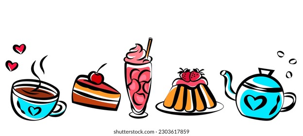 Sweet dessert, cup and teapot colorful icons, collection of flat vector stickers, celebration party food and drinks concept. 