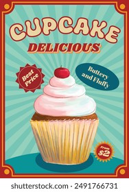 sweet dessert cupcake advertisement retro style, vintage poster for coffee house dessert, old homemade coffee poster in the 1970s