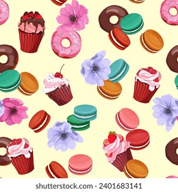 Sweet dessert. Cupcake with berries, chocolate, macaron cookies, flowers on a yellow background. Seamless vector illustration. For decorating textiles and packaging.