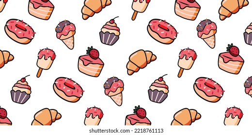 Sweet dessert  for cute background illustration design. Wallpaper in pattern hand drawn style. Collection of ice cream, doughnut, and cake