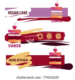 Sweet dessert decorated with cherry. Concept template logo for confectionery, bakery, candy shop. Silhouette abstract stylized buttercream birthday cake. Piece of party pie. Vector illustration. 