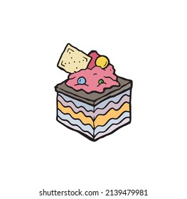 Sweet dessert and delicious piece of cake with cream and snack, hand drawn outline illustration logo. Pen drawing tasty sugar pastry. Chocolate delicates colored cartoonish food icon. Single cupcake.