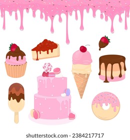 Sweet dessert design elements and pink liquid with sugar sprinkles on a white background.