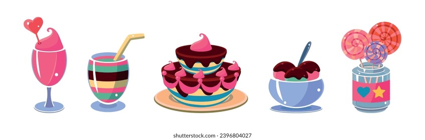 Sweet Dessert and Different Sugary Treat Vector Set