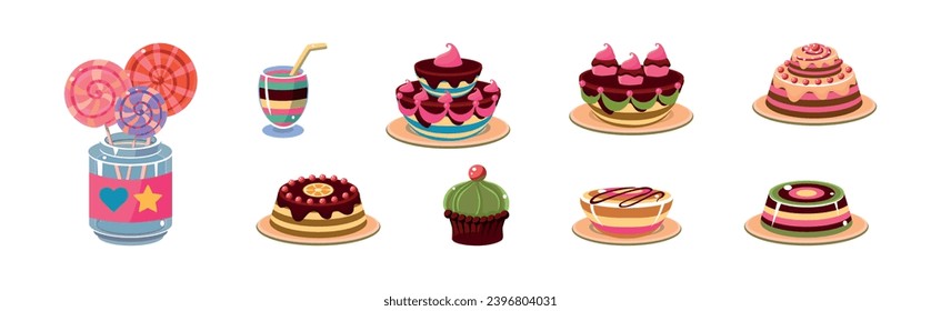 Sweet Dessert and Different Sugary Treat Vector Set