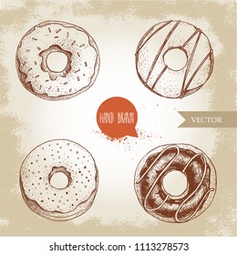 Sweet dessert donuts. Hand drawn sketch style illustration. Glazed, iced sweet doughnut with chocolate. Fresh bakes. Isolated on old background.