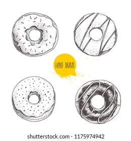 Sweet dessert donuts. Hand drawn sketch style illustration. Glazed, iced sweet doughnut with chocolate. Fresh bakes.Vector illustration isolated on white background.