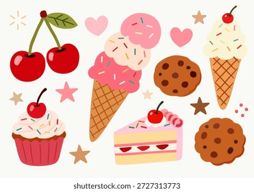 Elementos de postre dulce en ilustración plana para el tema de comida linda. Perfecto para la marca de panadería, diseños para niños, pegatinas, menús, carteles y empaques.