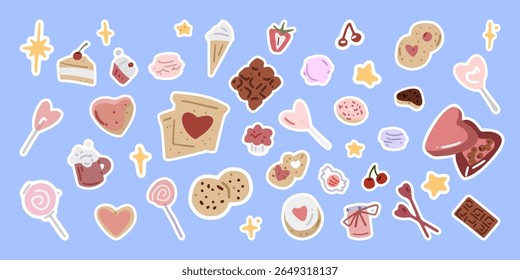 Sweet Dessert Elements Set. Flat cartoon set of sweet desserts, candies, cookies and chocolate on pastel blue background. Fun colorful style.
