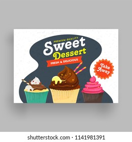 Sweet Dessert Flyer Design With Illustration Of Sweets And Cupcakes.