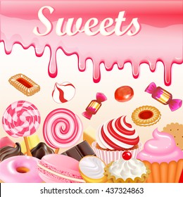 Sweet dessert food frame background glaze stains. Pink candies, donuts and muffins with strawberry sweets inscription