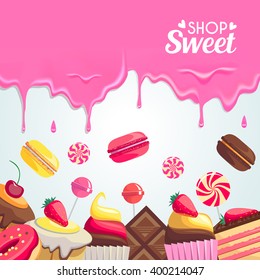 Sweet dessert food frame isolated on white background. Vector illustration for menu design. Culinary wallpaper. Bright colorful template with frame and border. Cute delicious collection. Sweet color