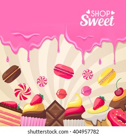 Sweet dessert food frame isolated on swirl background. Vector illustration for culinary design. Holiday birthday candy. Colorful delicious collection. Macaroon, berry, donut, cookies wallpaper.