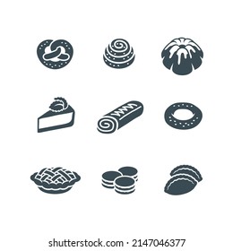 Sweet dessert food icons. Different pastry items pictograms. Simple monochrome silhouette of apple pie, bundt cake, cinnamon bun, pretzel, cheesecake, bagel, macarons, stuffed roll and dumpling