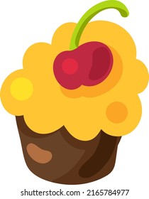 Sweet dessert food vector icon. Chocolate and cacao cupcake with strawberry and cherry fruit, cookie and candy. Flat cartoon illustration