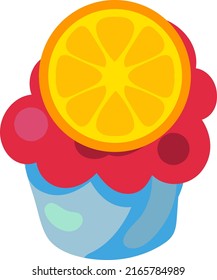 Sweet dessert food vector icon. Chocolate and cacao cupcake with strawberry and cherry fruit, cookie and candy. Flat cartoon illustration