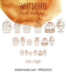 sweet dessert, fresh bakery, background with watercolor hand-drawn cupcakes, cakes, menus, invitations, banners