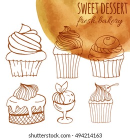 sweet dessert, fresh bakery, background with watercolor hand-drawn cupcakes, cakes, menus, invitations, banners