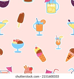 Sweet dessert, ice cream and cocktails seamless pattern. Summer party print, fast food and snacks. Juice orange and lemonade, vector fabric texture template