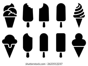Sweet dessert ice cream silhouette, Ice cream icon set, Chocolate sprinkles ice cream silhouette, Ice cream on stick isolated on white background