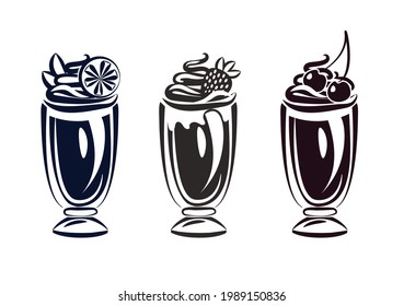 Sweet dessert, Ice cream sundae, Milkshake set, fruit juice collection. Vector monochome illustration.